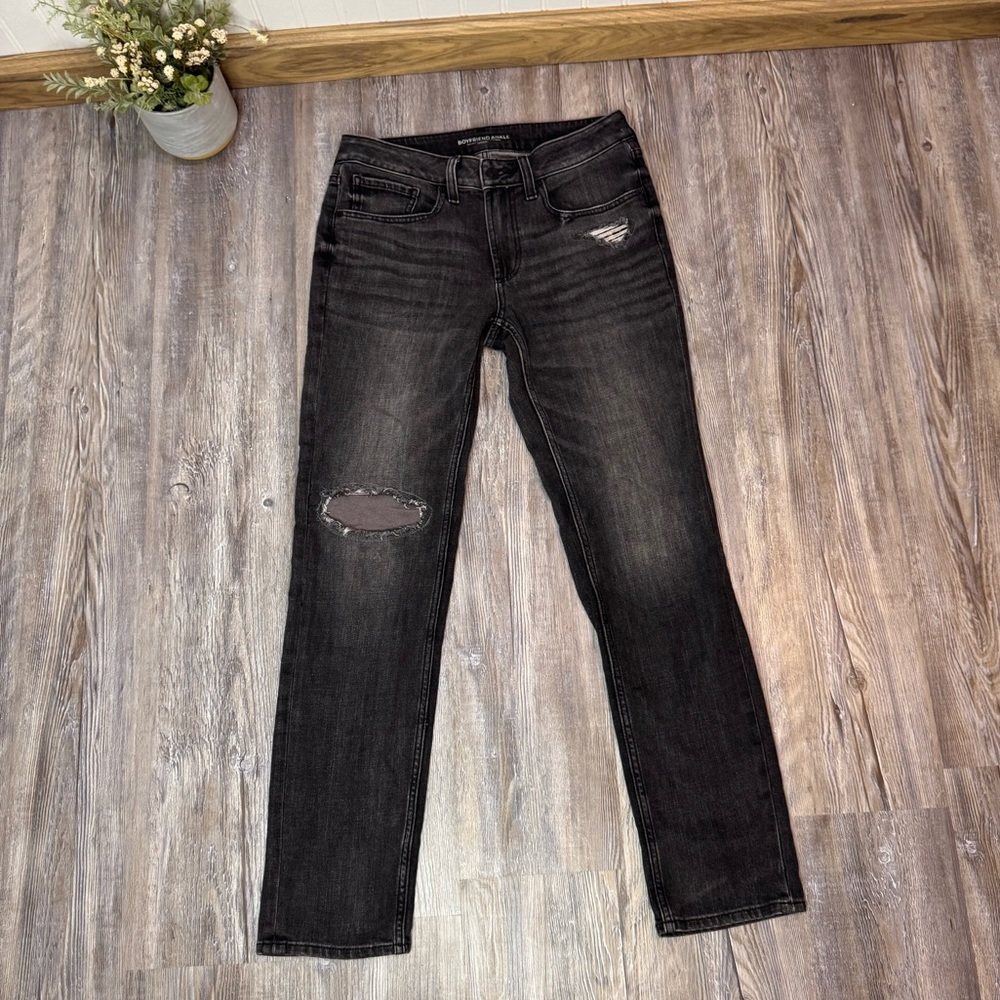 Chicos Womens Boyfriend Ankle Denim Jeans Grey Distressed Cheetah 0T XS TALL